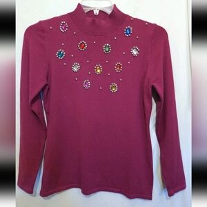 NWT Everlynn Apparel Pullover Sweater Womens Sz Med Rhinestones Fushia Pink